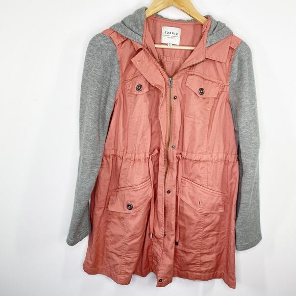 Torrid Pink Gray Twill Hacci Sleeve Anorak Lightweight Jacket Womens Size 00 - Picture 1 of 11